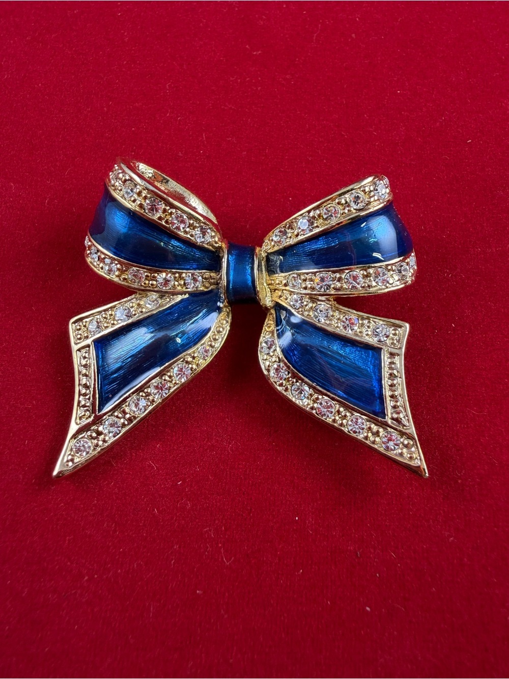 Gold-Tone Blue Enamel Bow Brooch with Crystal Accents